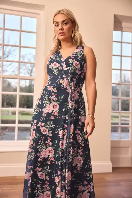 Floral Mesh Draped Maxi Dress - Yours