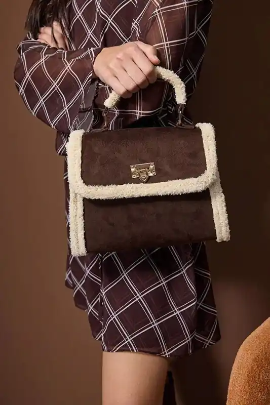 Women's Faux Suede Borg Trim Top Handle Satchel Bag with Turn Lock - WOVCOR