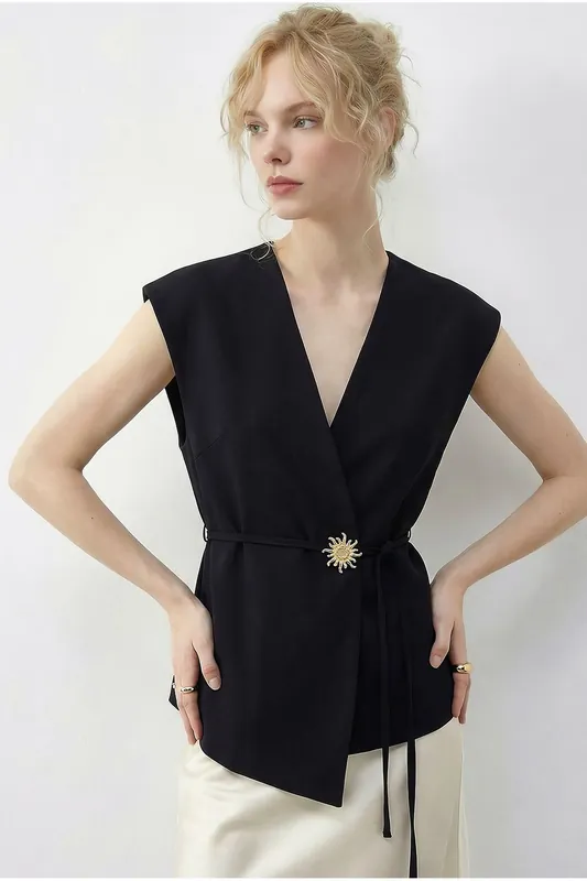 Belted V-Neck Crepe Waistcoat
