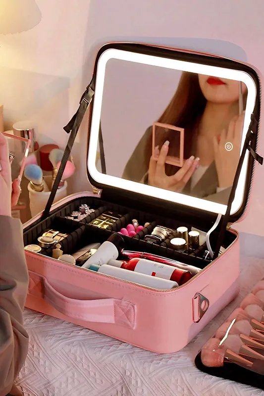 Makeup Storage Bag with Three Colour LED Mirror - Living and Home