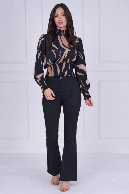 Black Brushstroke Smocked High Neck Blouse - Love Sunshine