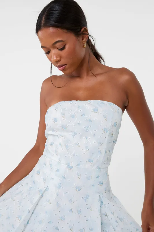 Blue Floral Bandeau Pleat Front Skirt Dress - Pink Vanilla