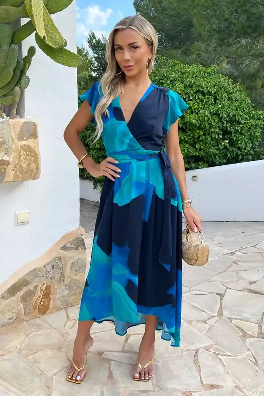 Navy Bold Floral Print Flutter Sleeve Belted Wrap Midi Dress - AX Paris