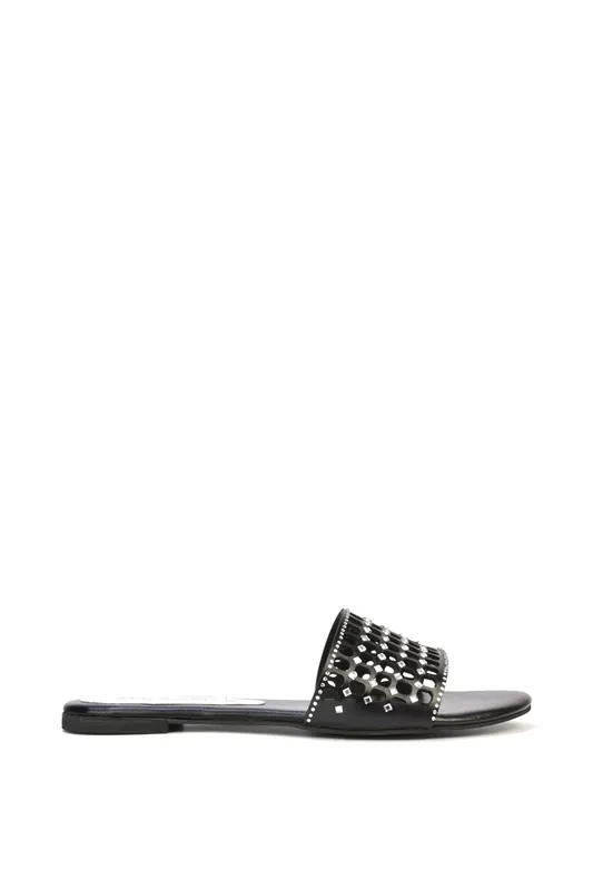 Abbie' Mesh Strappy Diamante Slip On Flat Sandals Sliders - XY London