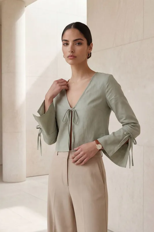 Crop Tie Detail V-Neck Linen Shirt