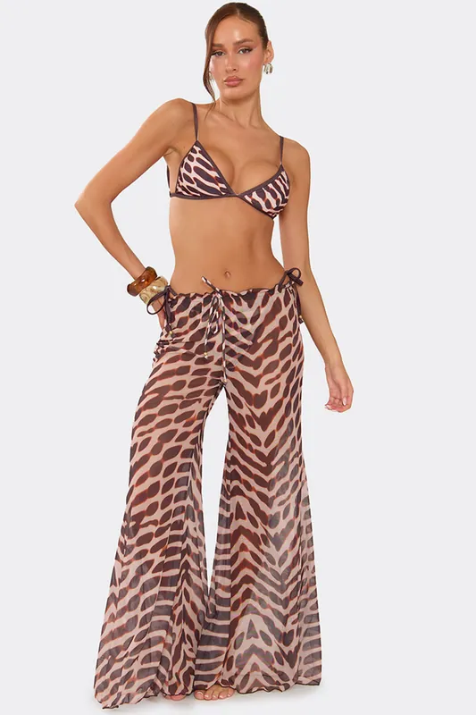 Wide Leg Tie Side Animal Print Trousers - EGO