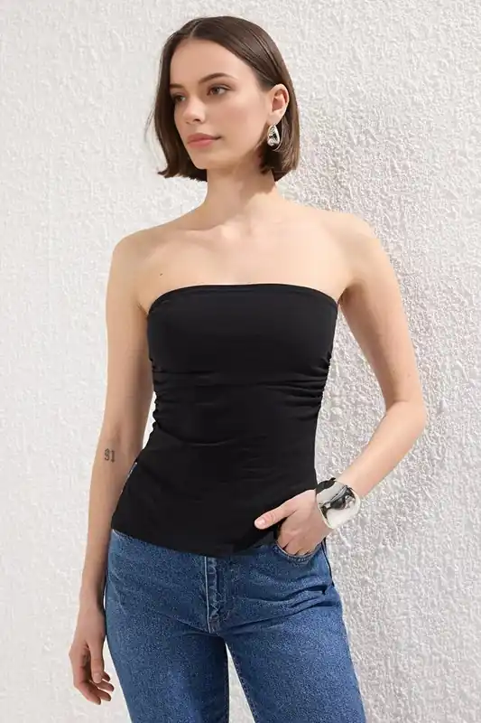 Strapless Ruched Detail Fitted Knitted Blouse with Side Slit - WOVCOR