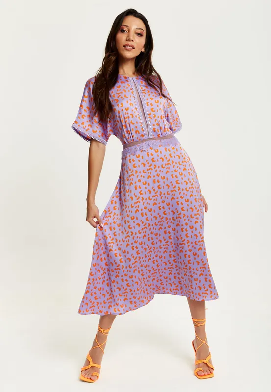 Cheetah Print Midi Dress With Mesh Detailing In Lilac And Orange - Liquorish
