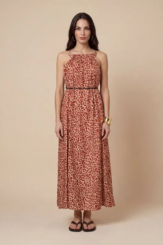 Animal Metallic Maxi Dress Rust Pattern - Urban Bliss
