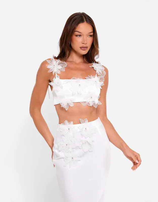 Tie Strap Satin Top With Floral Applique White - Public Desire