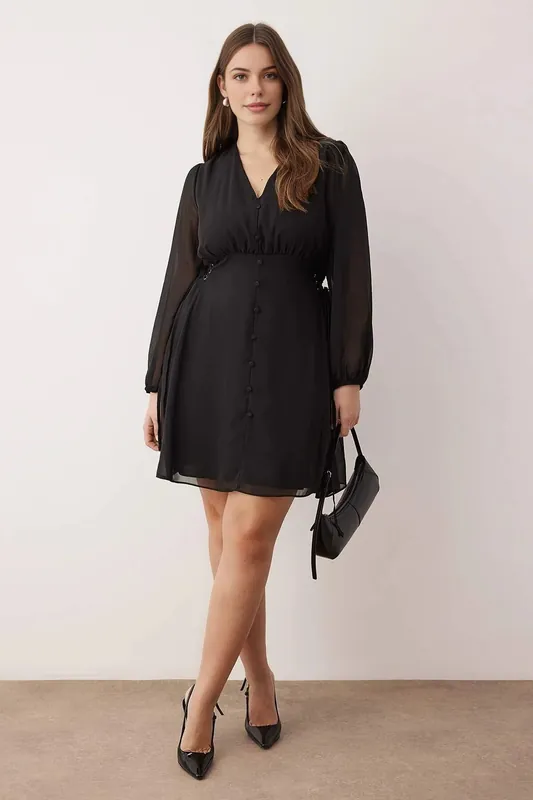 Button Detail V-Neck Sheer Sleeve Mini Dress