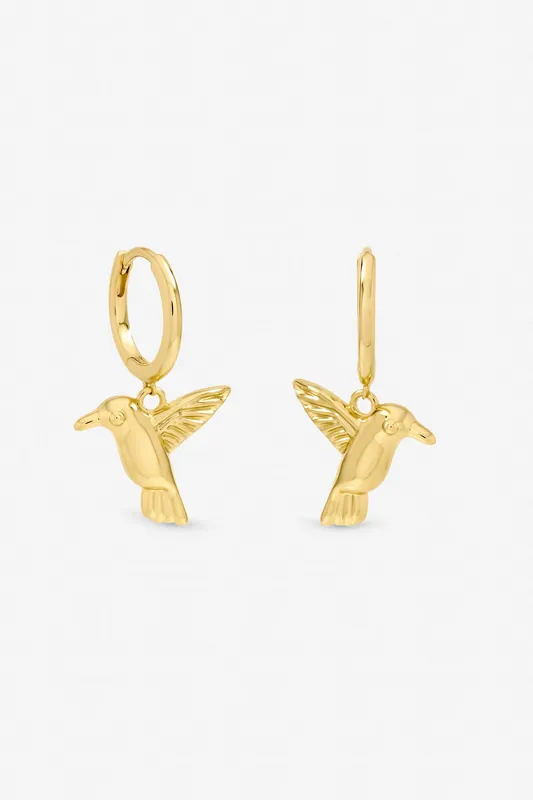 Gold Plated Hummingbird Charm Hoop Earings - Jon Richard
