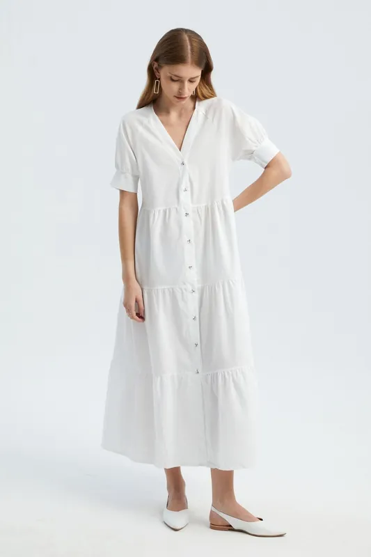 V Neck Buttoned Tiered Short Sleeve Maxi Dress - Hiccup