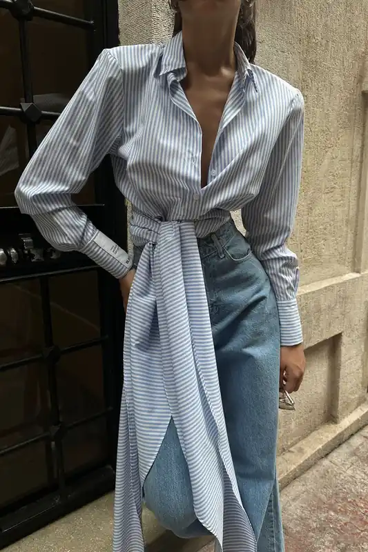 Striped Long Shirt with a Tie Up Detail - Hiccup