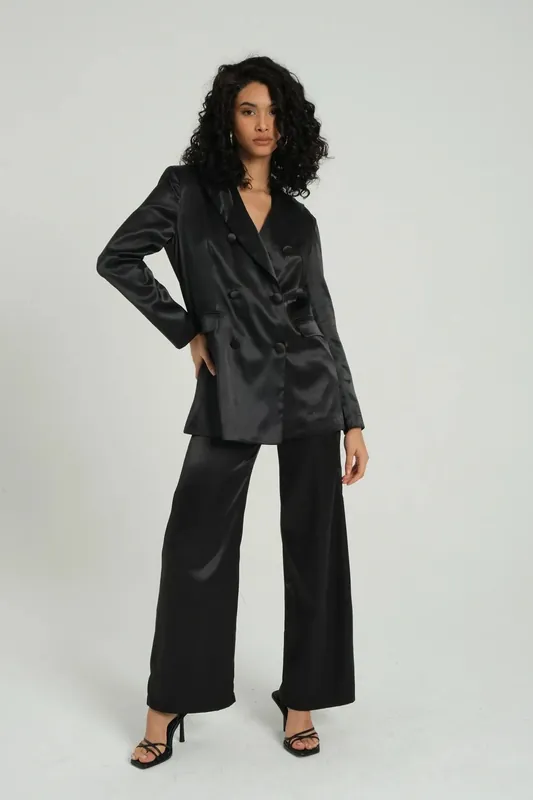 Collar Satin Blazer & High Waist Wide Leg Trousers Co-ord Set