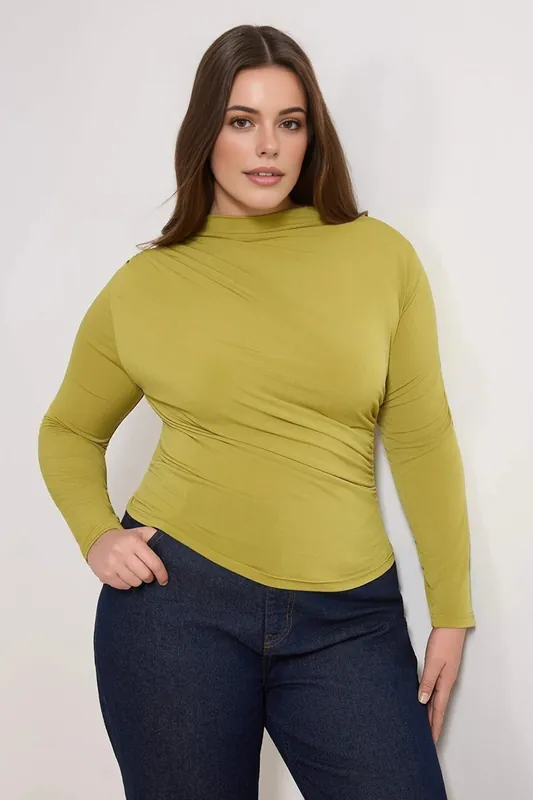 High Neck Draped Long Sleeve Top - WOVCOR