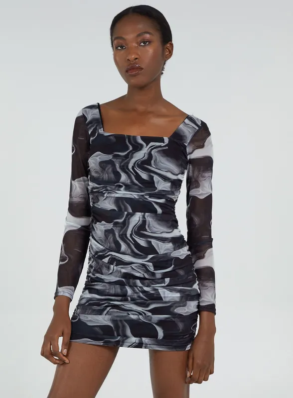 Mesh Marble Long Sleeve Mini Dress - Pink Vanilla
