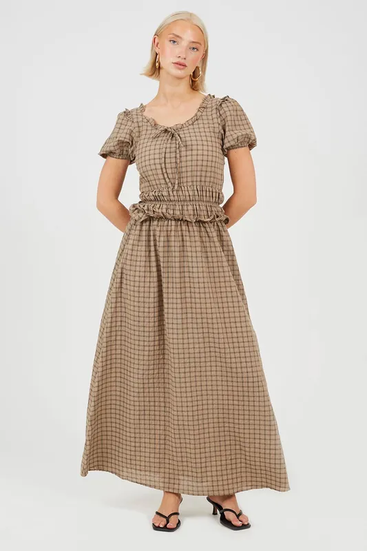 Short Puff Sleeve Check Maxi Dress With Waist Frill Detail - Brave Soul