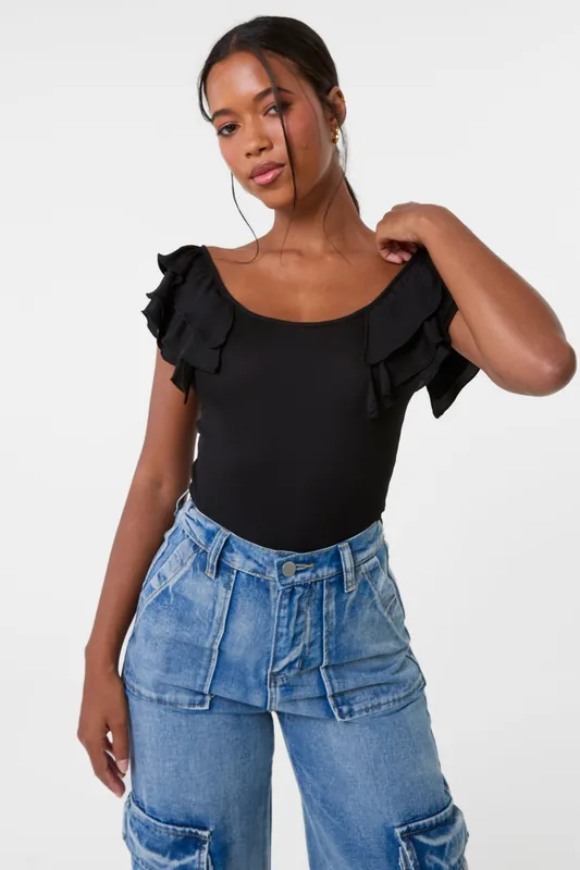 Black Ruffle Sleeve Bodysuit - Pink Vanilla