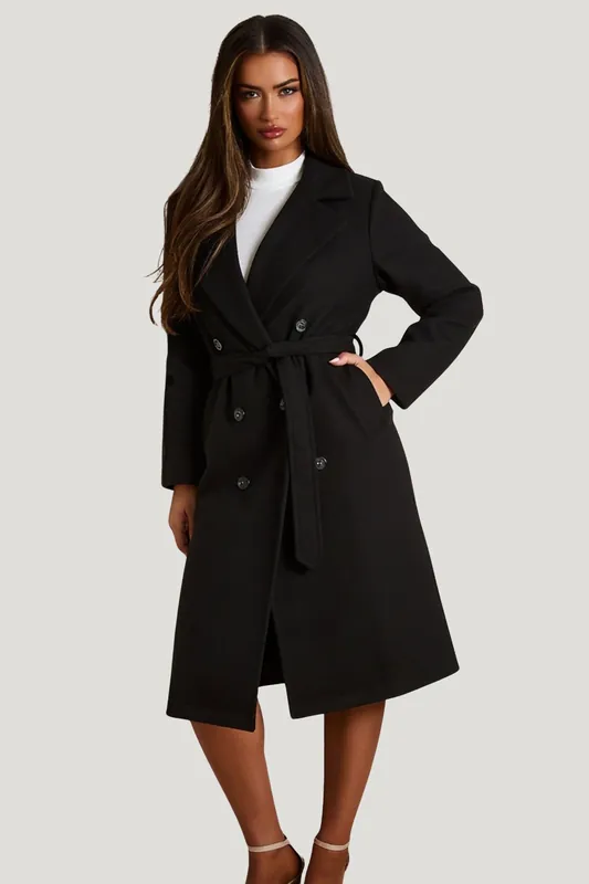 Double Breasted Button Detail Belted Coat - Femme Luxe