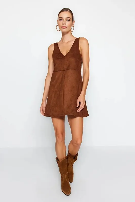 V-Neck Suede Mini Knit Dress