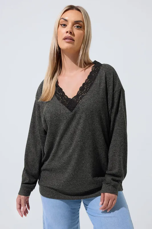 Ribbed Lace Trim Top - Yours
