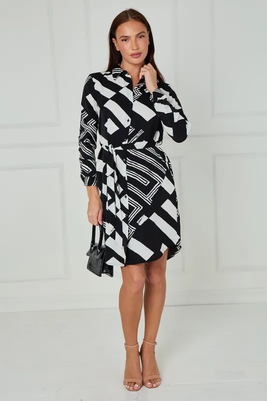 Black and White Abstract Patchwork Print Mini Shirt Dress - Love Sunshine