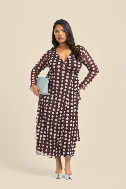 Curve Chocolate Polka Dot Wrap Over Tie Side Midaxi Dress - FASHION-SZN