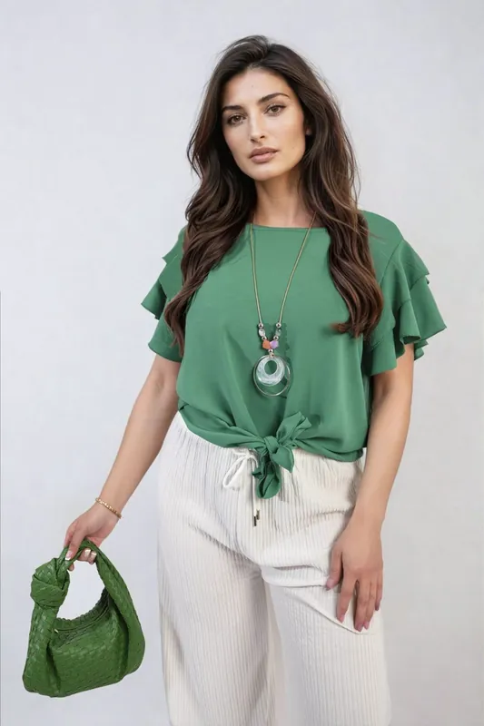 Cynthia Layered Ruffle Short Sleeve Tie Front Top - IKRUSH