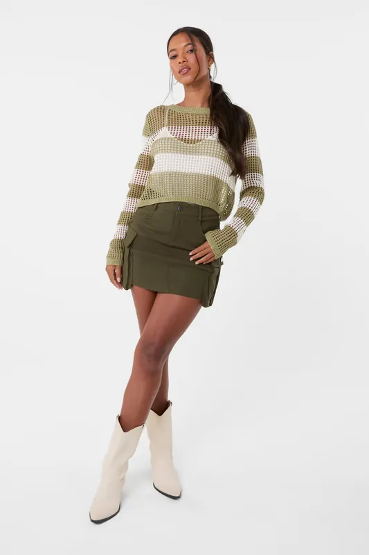 Khaki Stripe Crochet Jumper - Pink Vanilla