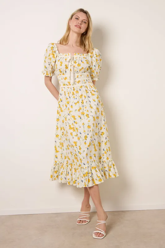Lemon Ditsy Floral Poplin Milkmaid Midi Dress - Blue Vanilla