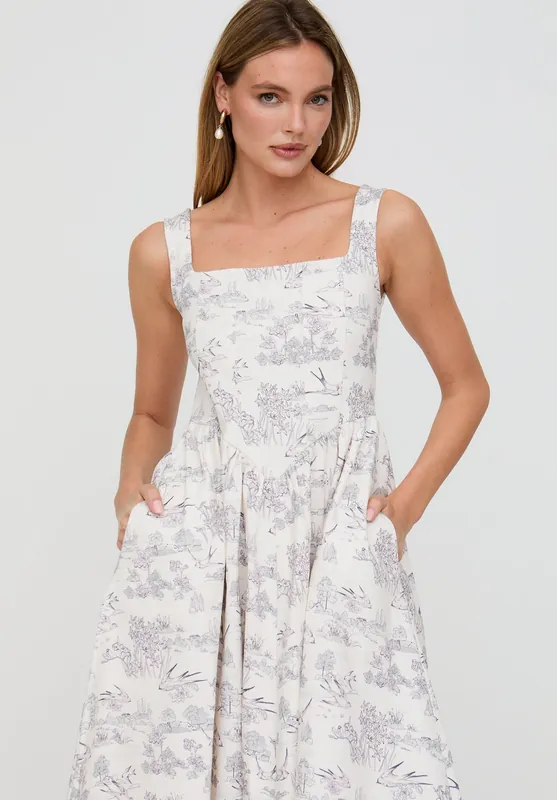 Hayley Corset Inspired Josephine Print Midi Dress In Cream - Lily and Lionel
