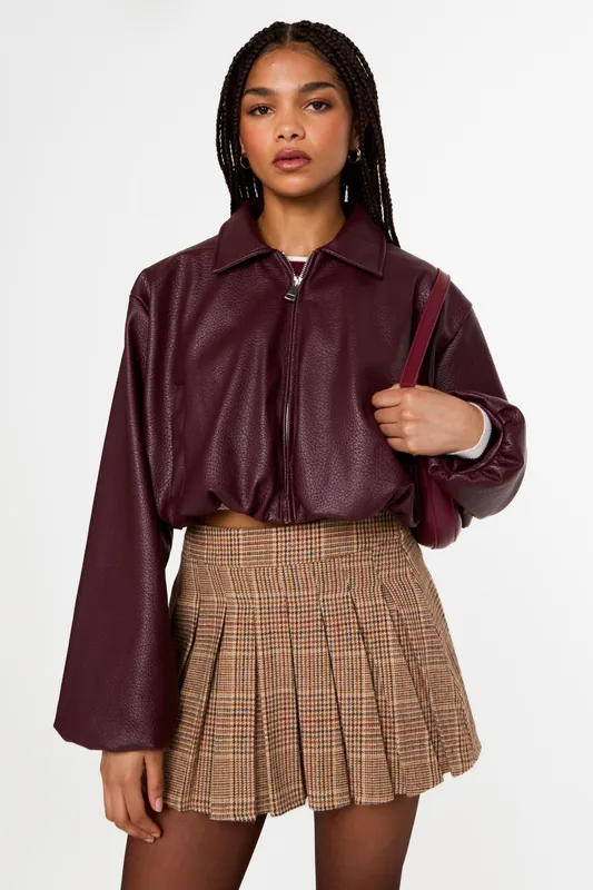Wine Faux Leather Puffball Jacket - Pink Vanilla
