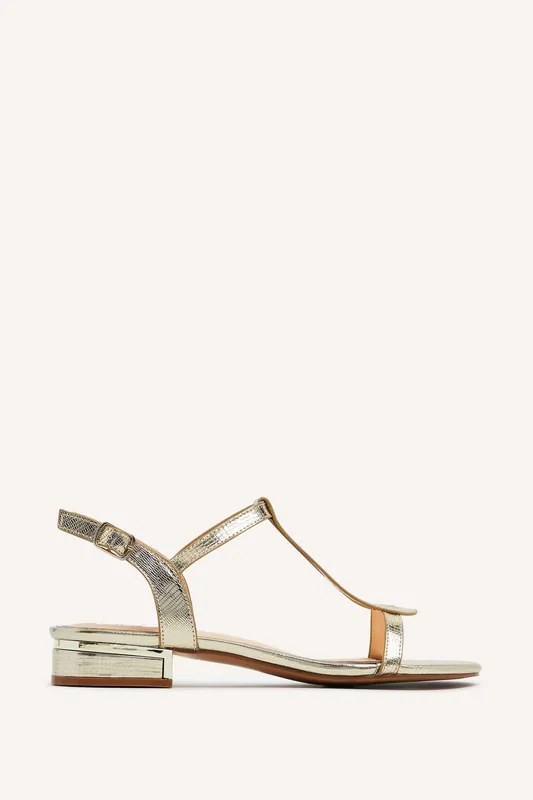 Lavish Gold T-Bar Low Block Heeled Sandals