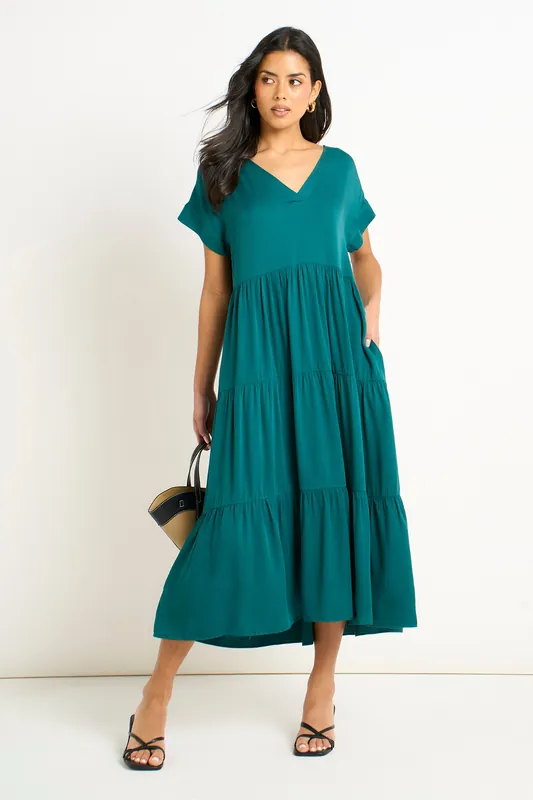 Green V Neck Pocket Smock Midi Dress - Gini London