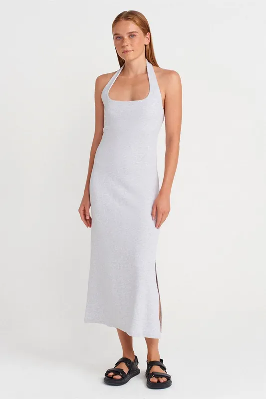 Ribbed Halter Midi Dress With Slit - Dilvin