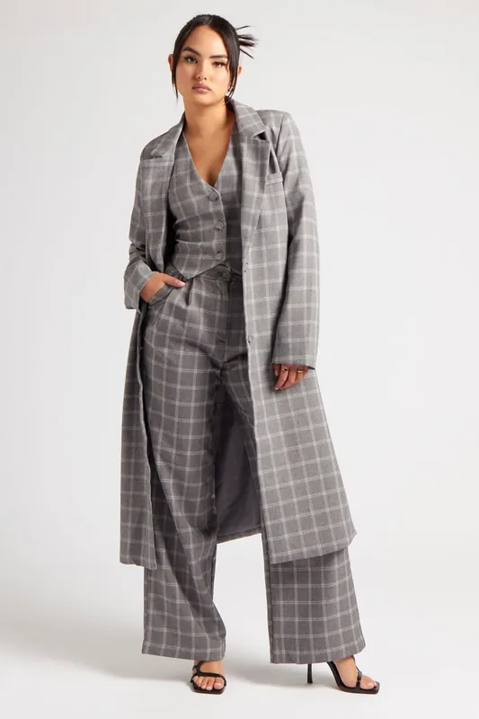 Check Longline Duster Coat - Urban Bliss