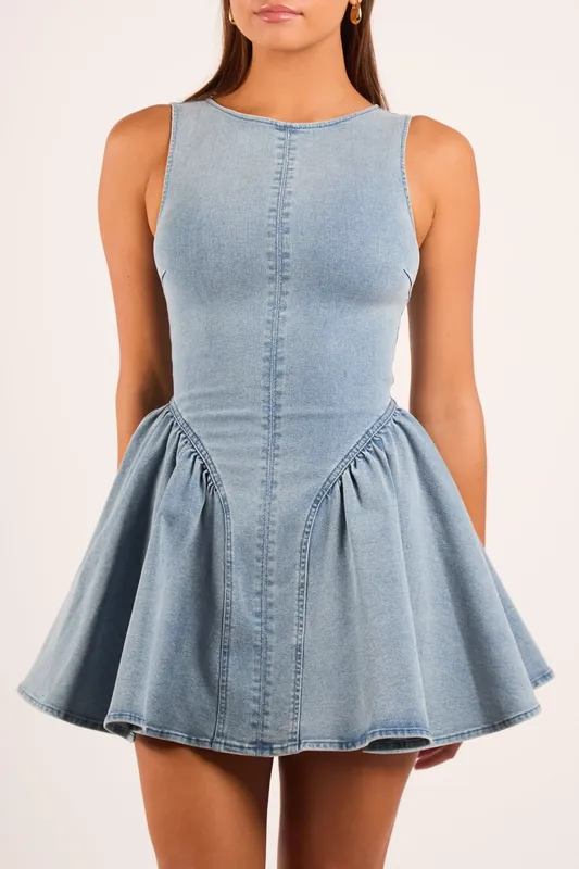 Tabitha Blue Denim Sleeveless A Line Mini Dress - Jaded Rose
