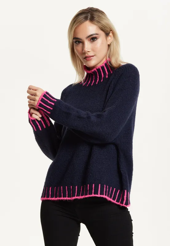 Neon Trim Wool Blend Jumper – Navy - Liquorish