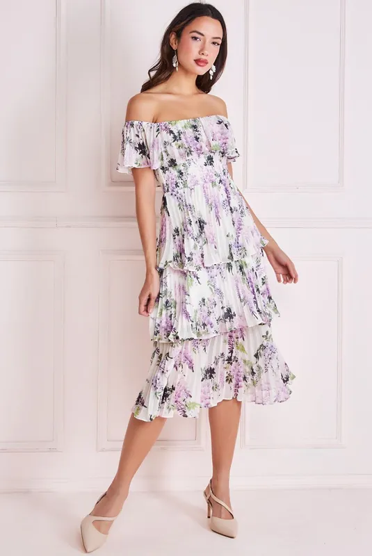 Shirred Chiffon Floral Bardot Midi - Goddiva