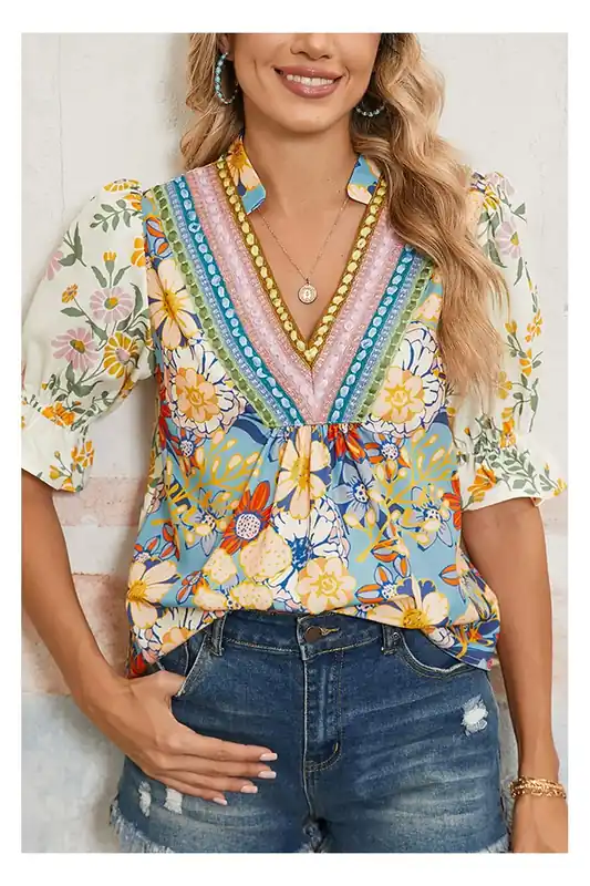 Multicolour Crochet V Neck Half Sleeve Boho Floral Blouse - Everyday The Label