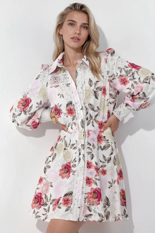 Floral mini shirt dress with lace detail - MSN Collection