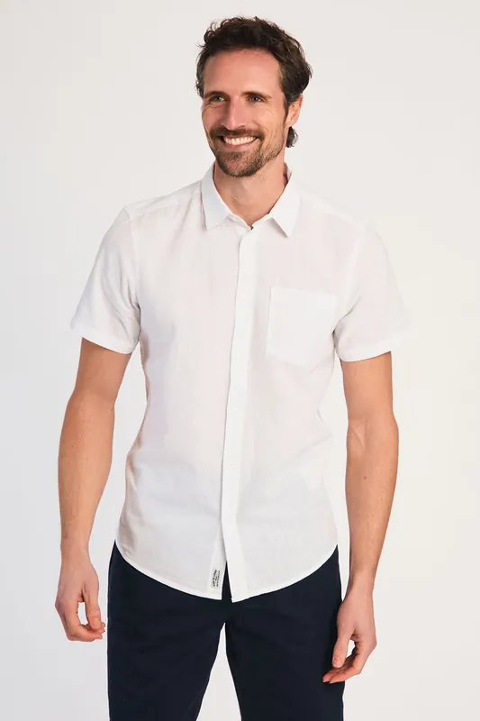 Linen Blend Short Sleeve Button-Up Shirt with Chest Pocket