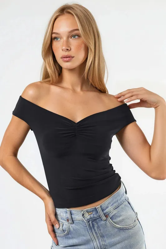 Off Shoulder Fitted Sandy Crop Top - Hiccup