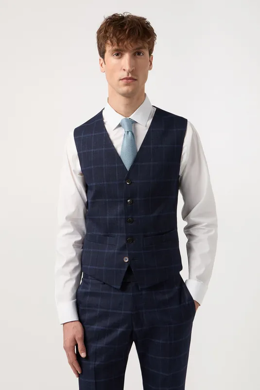 Blue Windowpane Check Slim Fit Waistcoat - Antique Rogue