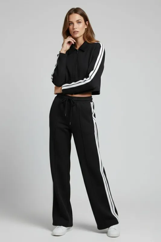 Stripe Zip-Up Tracktop and Jogger Set - Striped - Wide Leg - Tracksuit