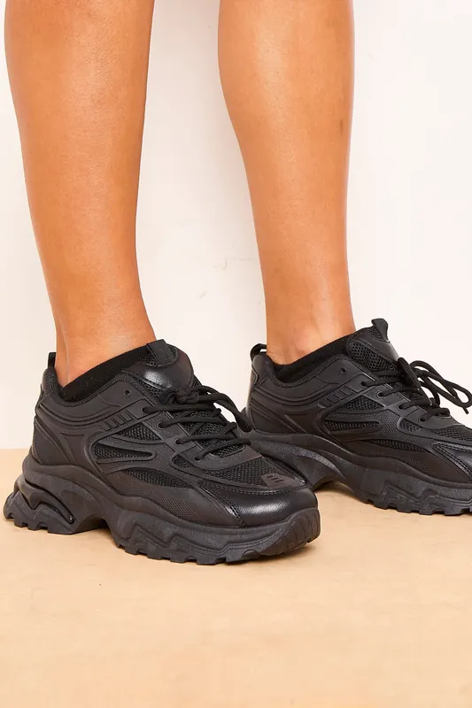 Black Chunky Platform Lace Up Trainers - Femme Luxe
