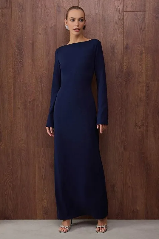 Open Back Long Sleeve Maxi Evening Dress - WOVCOR