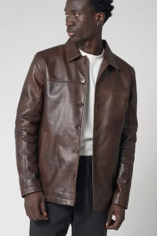 Button Up Leather Reefer Jacket - Barneys Originals