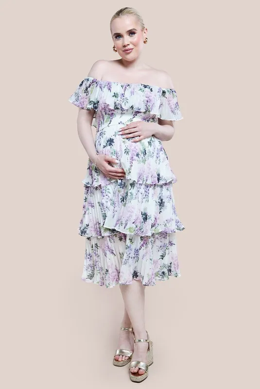 Maternity Shirred Chiffon Floral Bardot Midi Dress - Goddiva